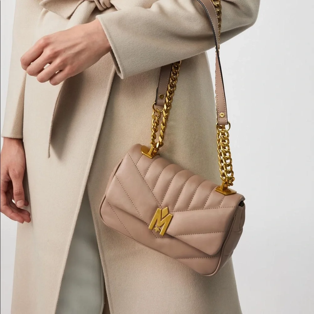 Mackage Quilted Leather Crossbody Bag in Beige with Gold Hardware